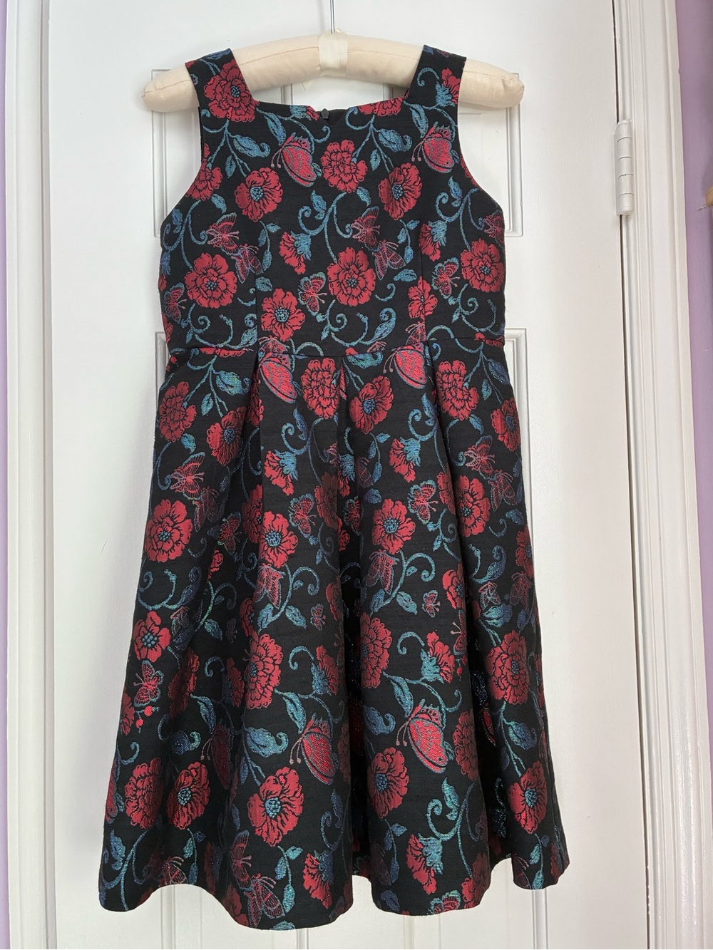 Girls Black Floral Pleated Special Occasion Dress with Red and Teal Accents